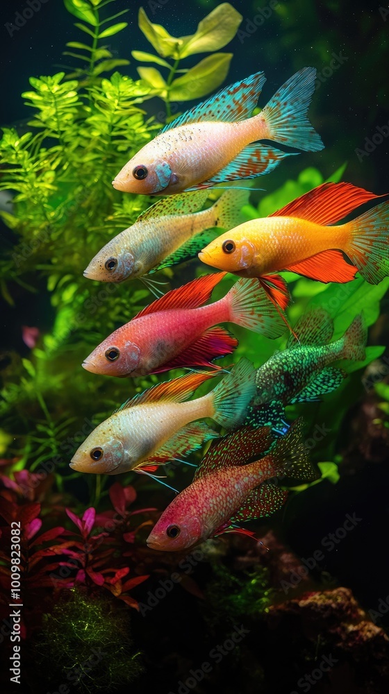 Grupo de peces tropicales de colores brillantes nadando en un acuario, rodeado de plantas y corales vibrantes. La imagen captura la belleza y diversidad del ecosistema acuático, ideal para temas relac Grupo de peces tropicales de colores brillantes nadando en un acuario, rodeado de plantas y corales vibrantes. La imagen captura la belleza y diversidad del ecosistema acuático, ideal para temas relac