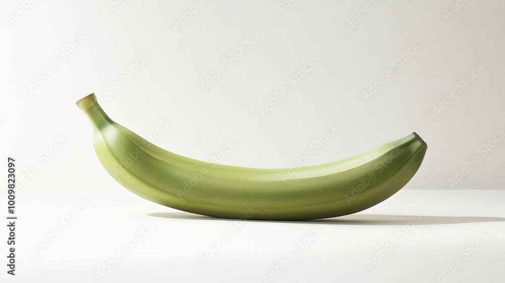 A single plantain banana rests in isolation on a pristine white background. Its smooth, verdant skin gleams under the ambient light, hinting at the sweet and starchy goodness within A single plantain banana rests in isolation on a pristine white background. Its smooth, verdant skin gleams under the ambient light, hinting at the sweet and starchy goodness within