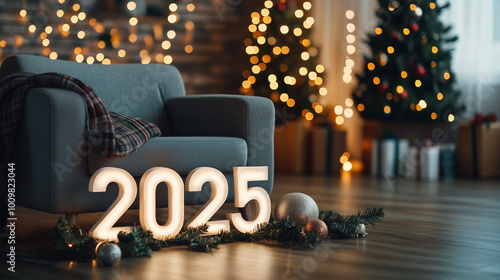 Obraz na płótnie A stylish modern apartment decorated for Christmas with 3D white numbers '2025' on the floor, a cozy armchair, and festive lights in the background w salonie