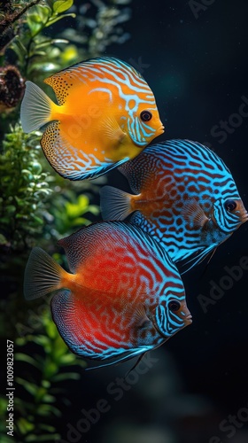 Grupo de peces tropicales de colores brillantes nadando en un acuario, rodeado de plantas y corales vibrantes. La imagen captura la belleza y diversidad del ecosistema acuático, ideal para temas relac photo