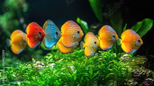 Grupo de peces tropicales de colores brillantes nadando en un acuario, rodeado de plantas y corales vibrantes. La imagen captura la belleza y diversidad del ecosistema acuático, ideal para temas relac photo