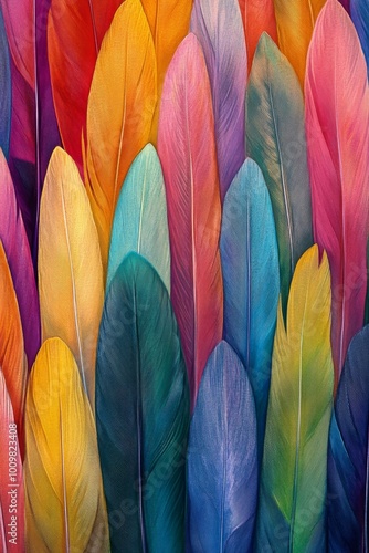 Colorful feathers in an artistic arrangement showcasing a vibrant spectrum of shades