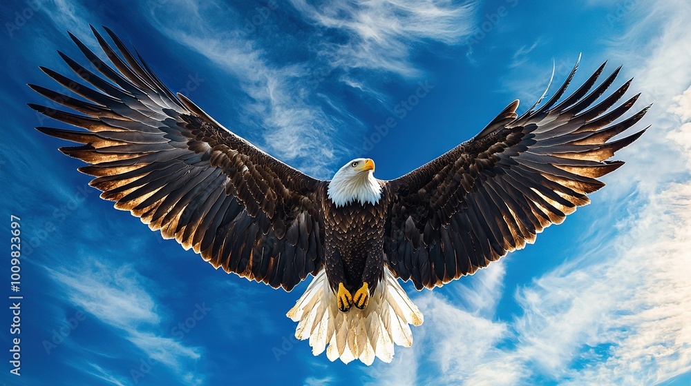 Fototapeta premium A bald eagle flying high with spread wings against a blue sky and wispy cloud background