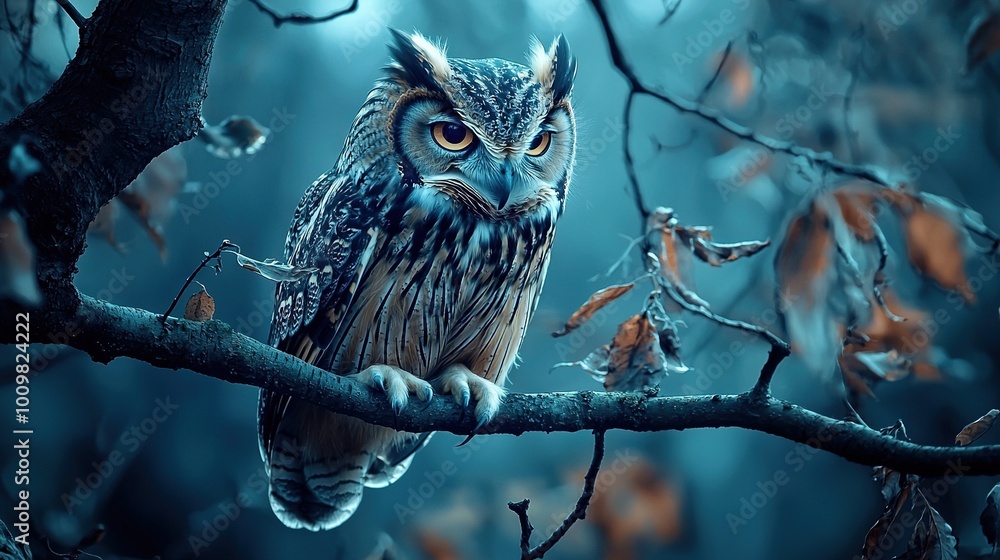 An owl perched atop a foggy forest's tree branch, bathed in the glow of the full moon An owl perched atop a foggy forest's tree branch, bathed in the glow of the full moon
