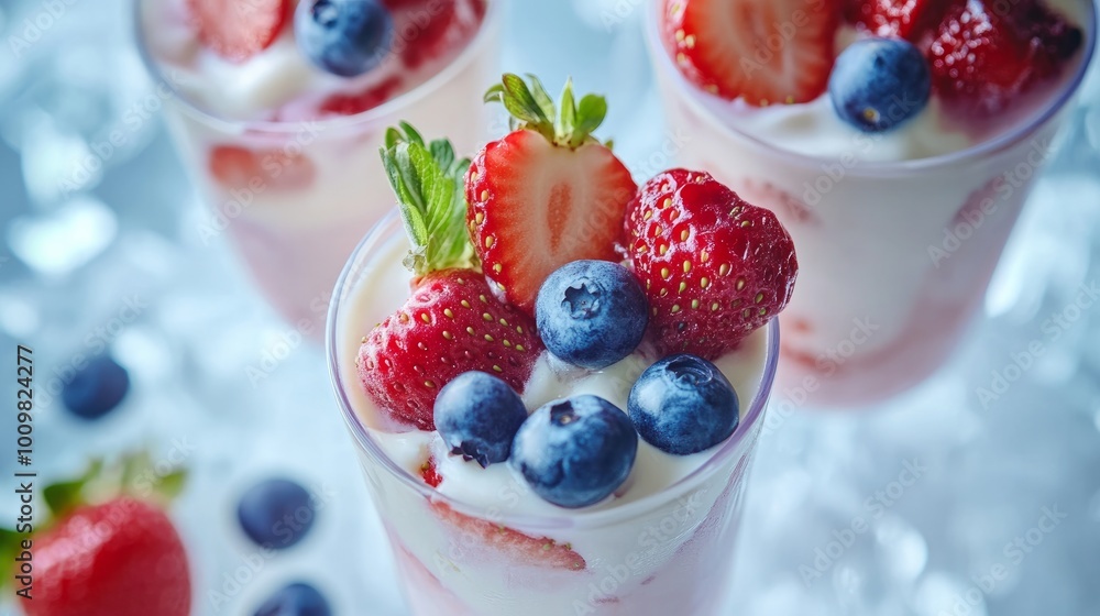 Greek yogurt parfaits with fresh berries, blueberries, and strawberries. tone and focused attention Greek yogurt parfaits with fresh berries, blueberries, and strawberries. tone and focused attention