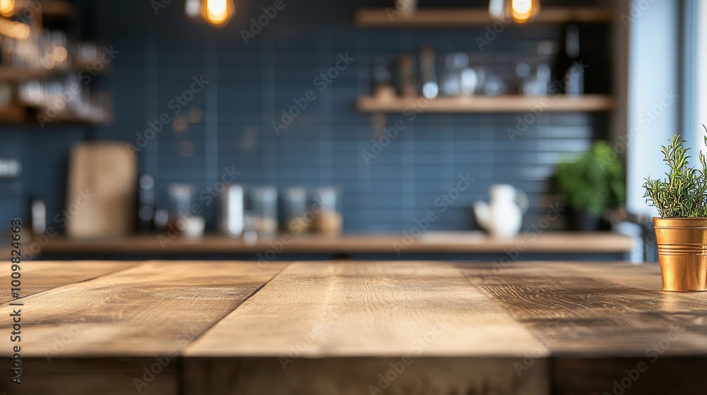 Kitchen wood tabletop for product display with blurred modern interior. Wooden tabletop over defocused kitchen background. Kitchen furniture and desk space. Product promotion in the kitchen. Kitchen wood tabletop for product display with blurred modern interior. Wooden tabletop over defocused kitchen background. Kitchen furniture and desk space. Product promotion in the kitchen.