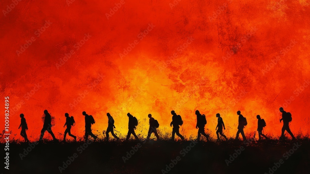 A group of people are walking in a line, with some of them carrying backpacks A group of people are walking in a line, with some of them carrying backpacks