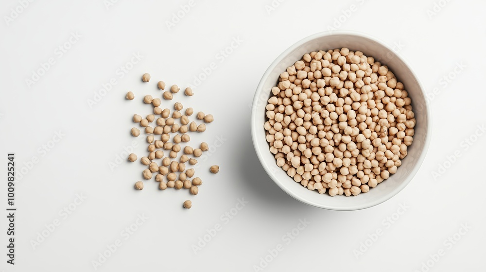 A white bowl overflowing with garbanzo beans sits next to a mound of loose beans on a stark white backdrop. A white bowl overflowing with garbanzo beans sits next to a mound of loose beans on a stark white backdrop.
