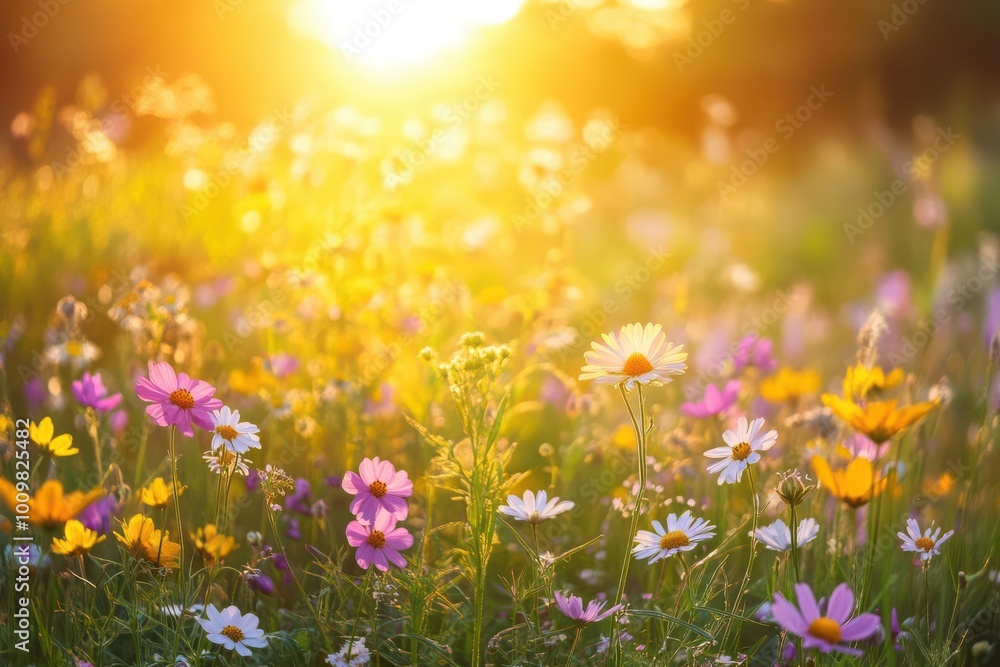 A vibrant field of wildflowers illuminated by the warm glow of the setting sun. A vibrant field of wildflowers illuminated by the warm glow of the setting sun.