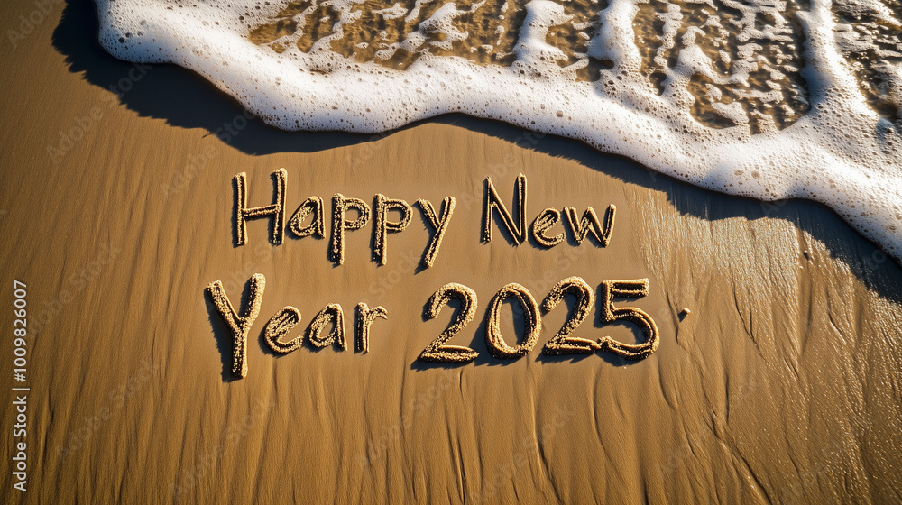Handwritten text Happy New Year 2025 on smooth golden beach sand, morning light casting soft shadows