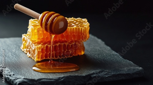 A close-up of dripping honey from a wooden dipper onto a honeycomb on a dark stone surface photo