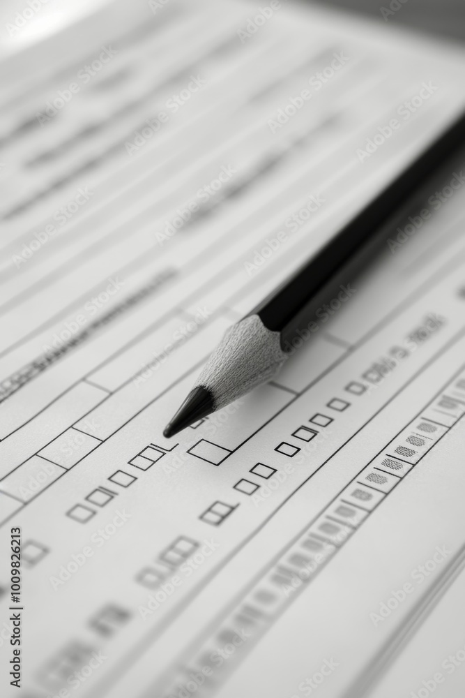 Close-up of a sharpened pencil marking checkboxes on a printed form or sheet of paper Close-up of a sharpened pencil marking checkboxes on a printed form or sheet of paper