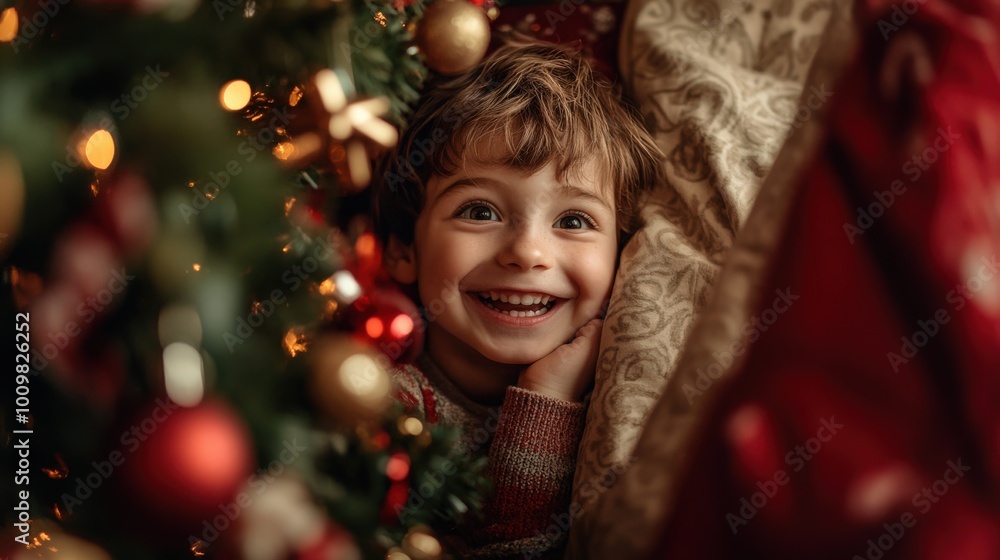 The child peeks out from their cozy bedroom, eyes bright with excitement, eager to see the Christmas morning surprises near the decorated tree The child peeks out from their cozy bedroom, eyes bright with excitement, eager to see the Christmas morning surprises near the decorated tree