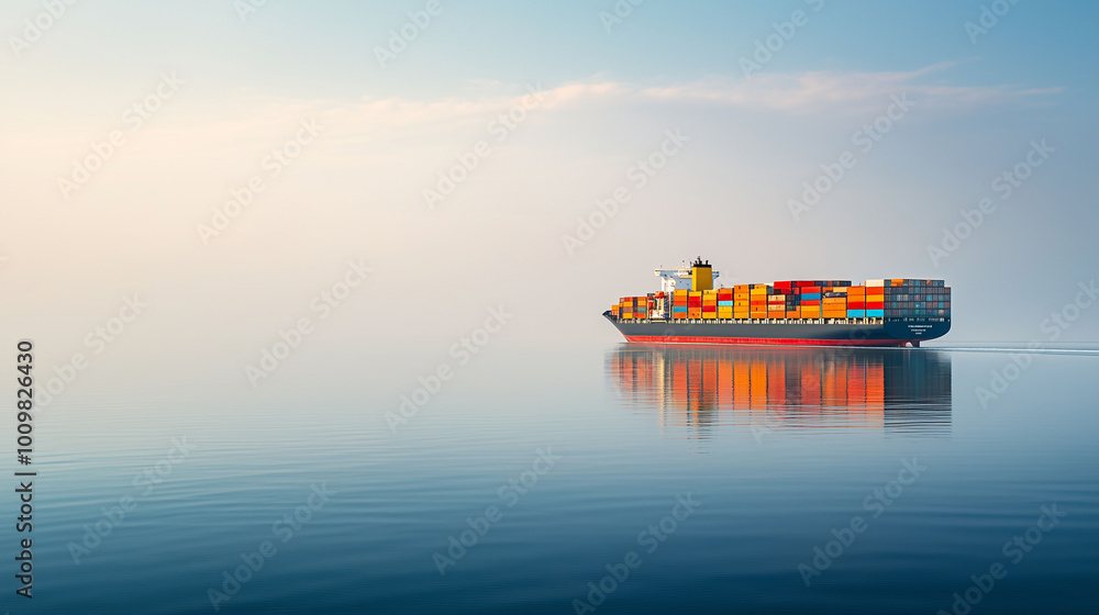 Side view of a cargo ship packed with containers, making its way across a tranquil sea during the day