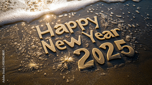 Top view of Happy New Year 2025 text carved into wet beach sand, with sparkling water reflecting sunlight in the corner