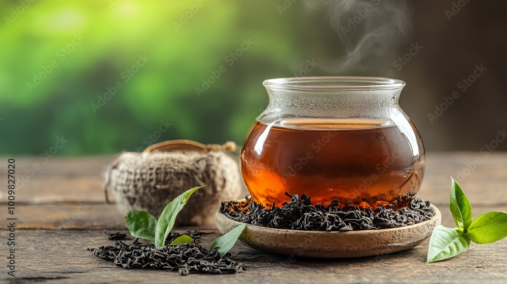 Fototapeta premium Black tea kombucha undergoes anaerobic fermentation, creating carbon dioxide bubbles that produce its characteristic effervescence. 