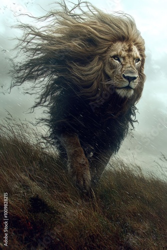 León macho rugiendo con su melena ondeando en la sabana, destacando su fuerza y ​​majestuosidad. La imagen captura los detalles de su pelaje y expresión de liderazgo, con un cielo despejado que sugier photo