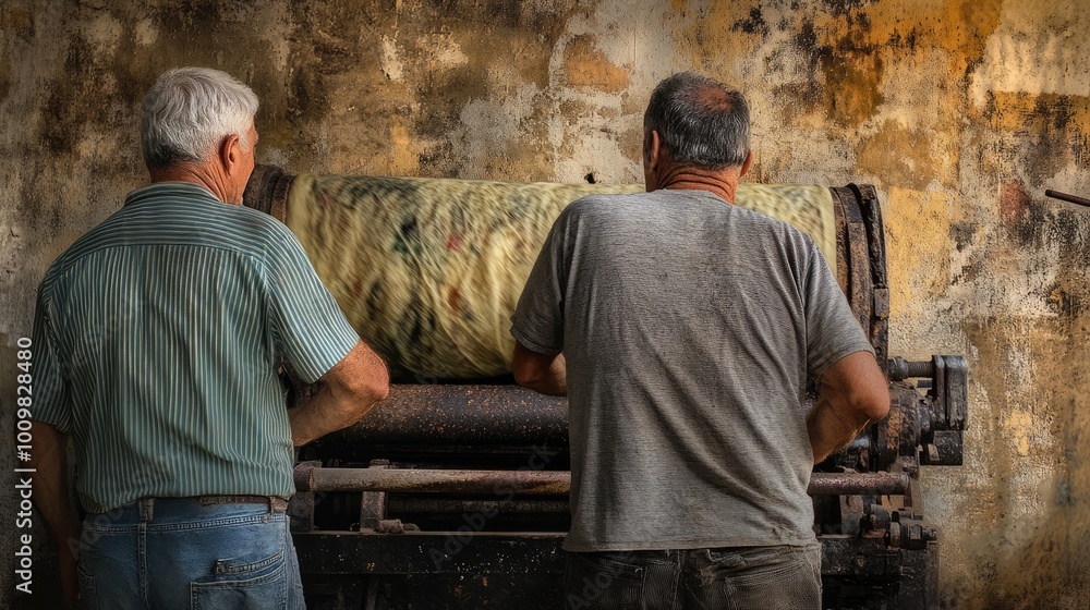 Trabajadores en una fábrica textil observando máquinas de tejido en acción, produciendo rollos de tela a alta velocidad. La imagen destaca los detalles de la maquinaria Trabajadores en una fábrica textil observando máquinas de tejido en acción, produciendo rollos de tela a alta velocidad. La imagen destaca los detalles de la maquinaria