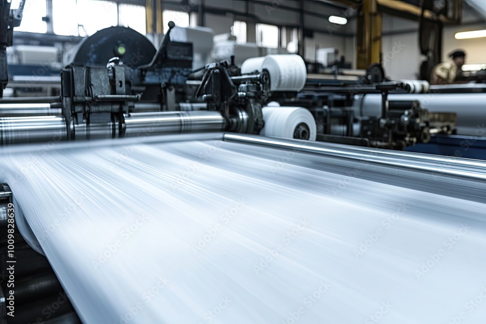 Trabajadores en una fábrica textil observando máquinas de tejido en acción, produciendo rollos de tela a alta velocidad. La imagen destaca los detalles de la maquinaria Trabajadores en una fábrica textil observando máquinas de tejido en acción, produciendo rollos de tela a alta velocidad. La imagen destaca los detalles de la maquinaria