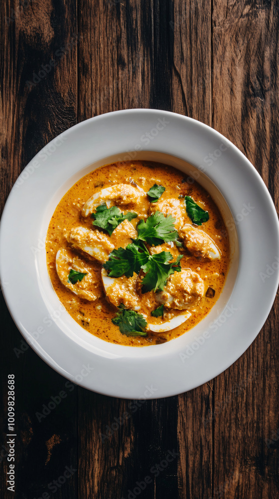 Flavorful bowl of spicy egg curry topped with fresh cilantro is presented on a rustic wooden table Flavorful bowl of spicy egg curry topped with fresh cilantro is presented on a rustic wooden table