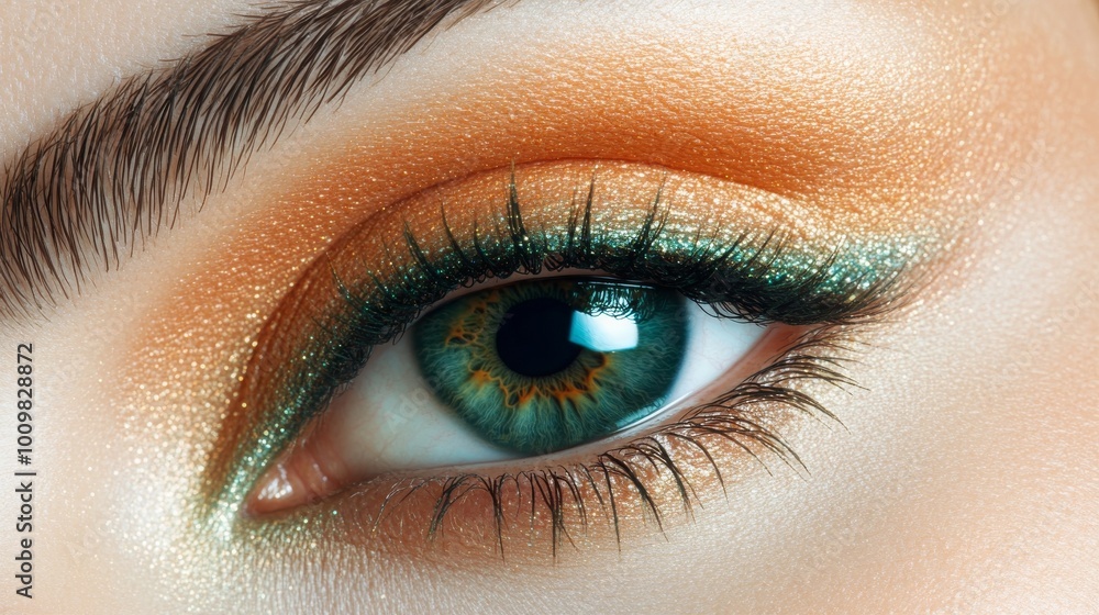 Obraz premium Extreme close-up of a womans green eyes with perfect makeup, showcasing detailed eye beauty and skincare. Ideal for makeup and beauty promotions, high-quality cosmetics.