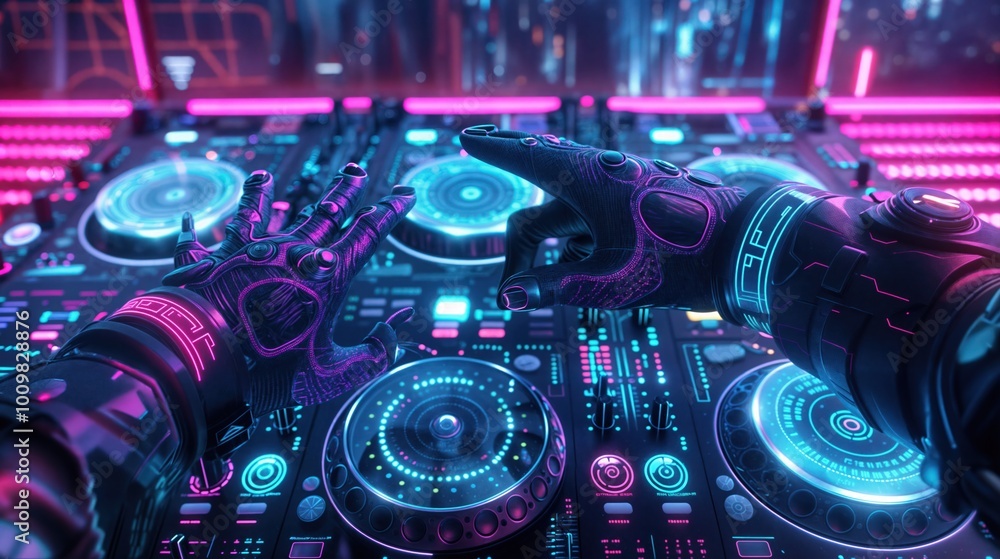 Futuristic DJ mixing music on a high-tech neon-lit console with robotic gloves in a cyberpunk setting.