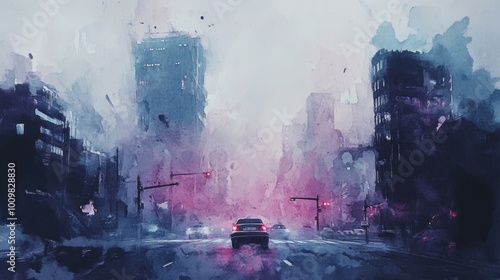 Watercolour cyberpunk car in the rainy city background original