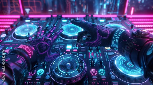 Obraz na płótnie Futuristic DJ mixing music on a high-tech neon-lit console with robotic gloves in a cyberpunk setting.
w salonie