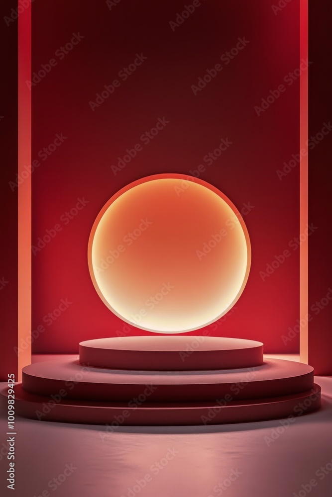 Red geometric shapes and shadows create a minimalist interior design in a modern space Red geometric shapes and shadows create a minimalist interior design in a modern space