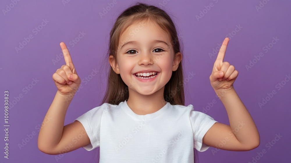 Photo of positive girl kid pointing fingers, toothy smile, isolated bright color background. Photo of positive girl kid pointing fingers, toothy smile, isolated bright color background.