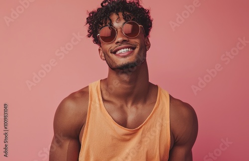 Smiling young man with curly hair and sunglasses against a pink background wearing an orange tank top