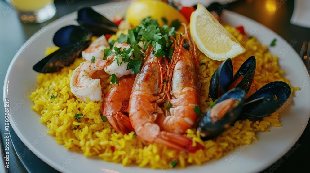 A vibrant seafood dish featuring shrimp, mussels, and lemon on yellow rice. A vibrant seafood dish featuring shrimp, mussels, and lemon on yellow rice.