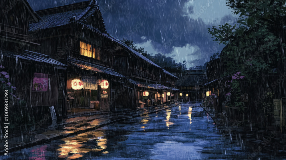 Fototapeta premium Serene Night in a Snowy Traditional Village creates an enchanting and tranquil atmosphere