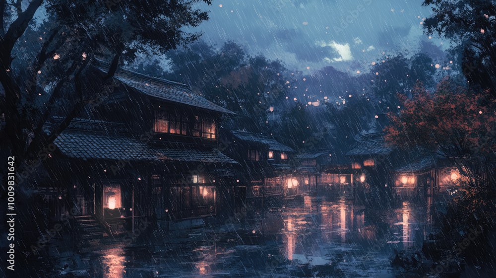 Serene Night in a Snowy Traditional Village creates an enchanting and tranquil atmosphere Serene Night in a Snowy Traditional Village creates an enchanting and tranquil atmosphere