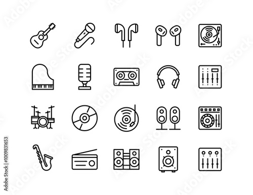 Music and Audio Icon Set - Vector Symbols of Instruments, Headphones, Speakers, and Sound Equipment for Digital and Graphic Design