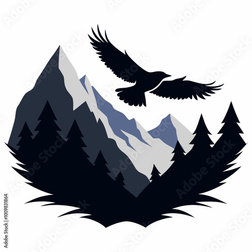 An eagle soaring over mountains silhouette vector illustration on white background photo