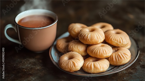 Warm Cup of Tea with Freshly Baked Biscuits on Rustic Plate - Perfect Cozy Afternoon Tea Setup for Relaxation and Indulgence