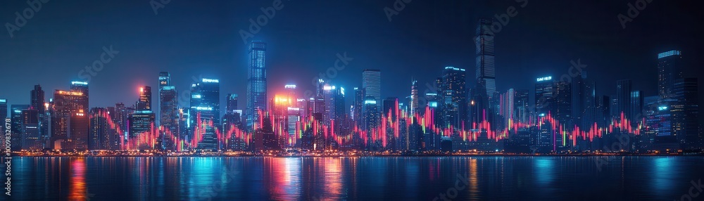 Fototapeta premium Vibrant city skyline at night with glowing lights and dynamic graph lines, symbolizing finance and data visualization.