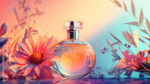 Bottle perfume flower on a colored background.