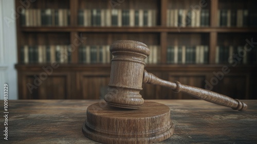 Gavel resting on wooden block in a law library filled with legal books and resources photo