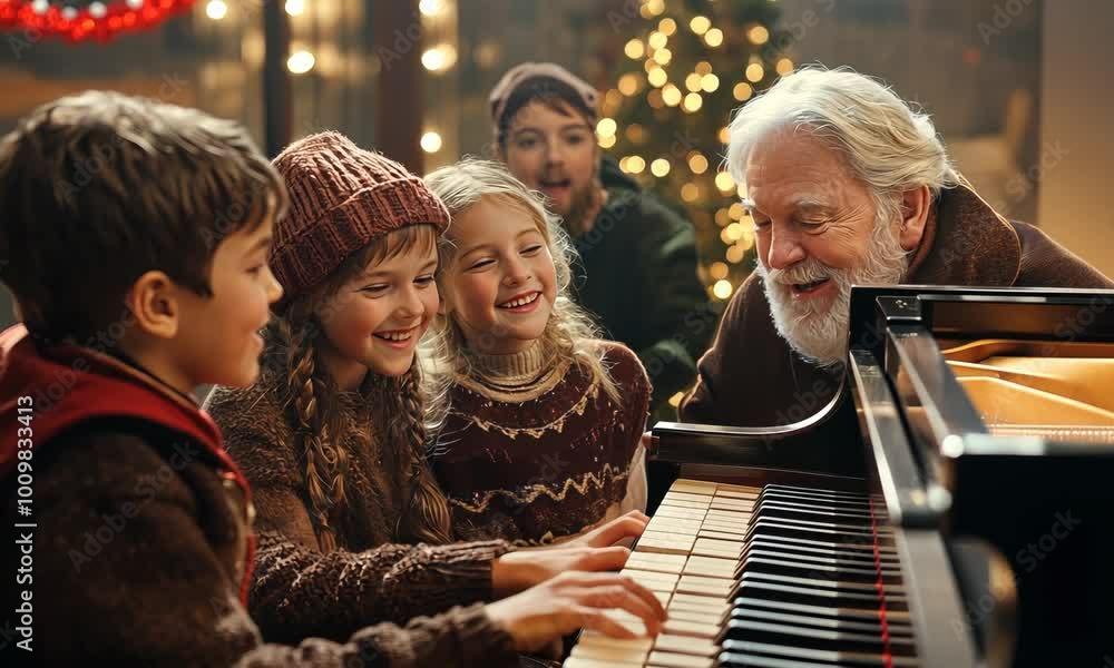 Family gathered around a piano, singing Christmas carols together with heartfelt emotion and holiday spirit. . Video Family gathered around a piano, singing Christmas carols together with heartfelt emotion and holiday spirit. . Video