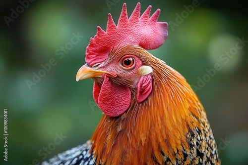 Vibrant close-up of a proud rooster showcasing its colorful feathers and distinctive comb, ideal for farm or nature themed projects. photo