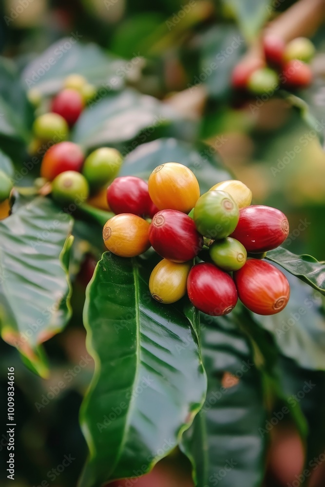 Ripe coffee cherries developing on a lush coffee plant in a vibrant tropical landscape Ripe coffee cherries developing on a lush coffee plant in a vibrant tropical landscape