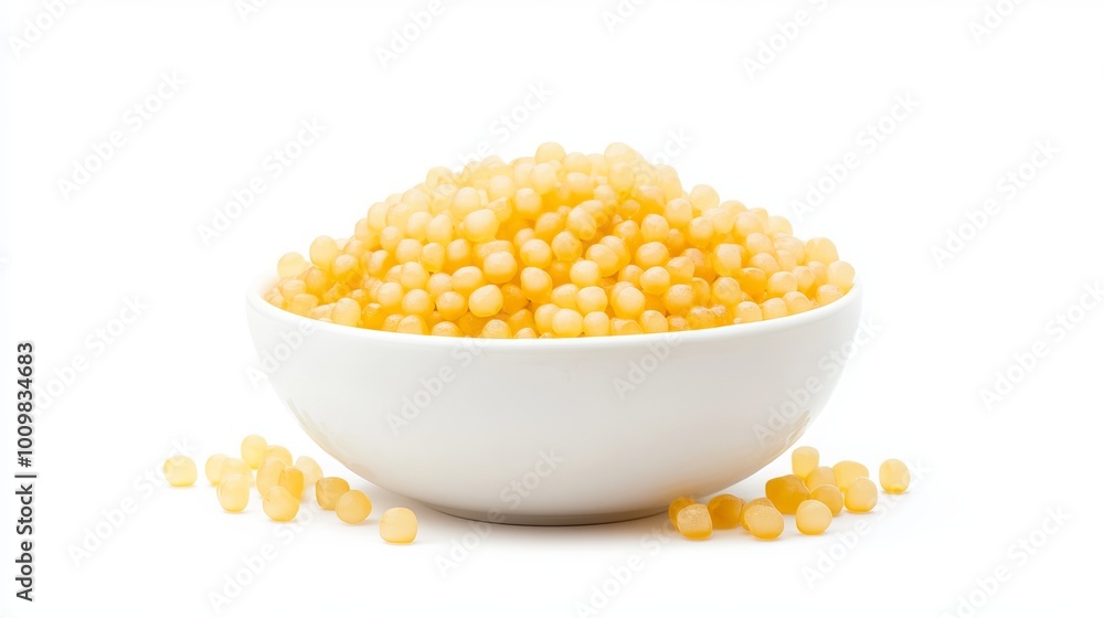 Golden tapioca balls for bubble tea isolated on a white background. Tapioca pearls are in a white ceramic bowl. Golden tapioca balls for bubble tea isolated on a white background. Tapioca pearls are in a white ceramic bowl.