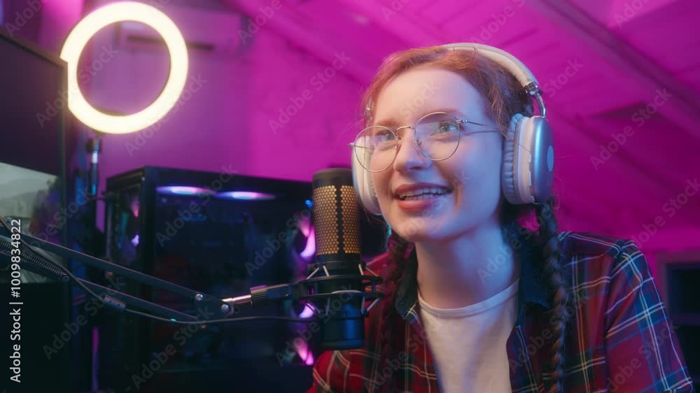 Happy woman girl female teen gamer student blogger influencer streamer in ultraviolet neon watch computer cyber sport competition video game celebrate win goal victory shout gaming gambling addiction