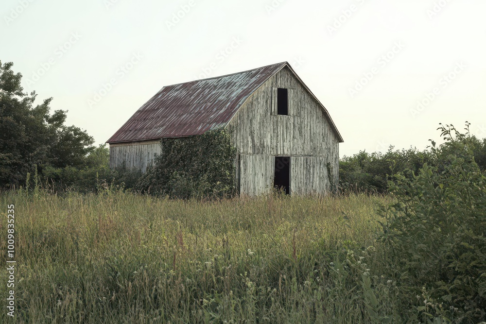 A weathered barn surrounded by tall grass and greenery in a rural setting. A weathered barn surrounded by tall grass and greenery in a rural setting.