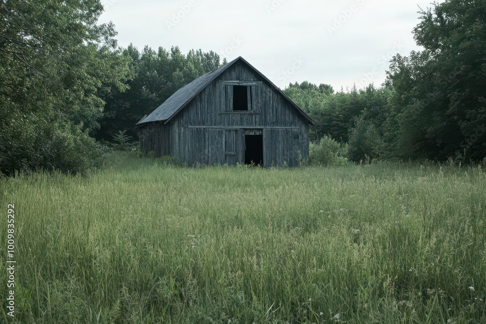 A weathered barn surrounded by tall grass and trees under a cloudy sky. A weathered barn surrounded by tall grass and trees under a cloudy sky.