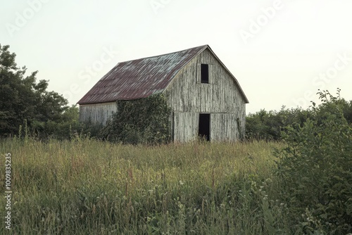 A weathered barn surrounded by tall grass and greenery in a rural setting.