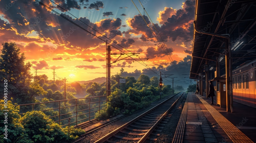 Naklejka premium Train station at sunset with vibrant clouds and golden light illuminating the tracks and lush greenery.