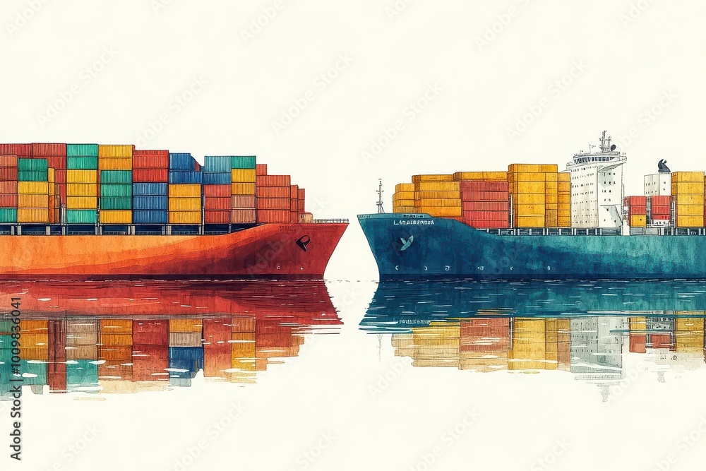 Obraz premium Vibrant illustration of two cargo ships with colorful containers, reflecting in calm water, symbolizing global trade and transport.